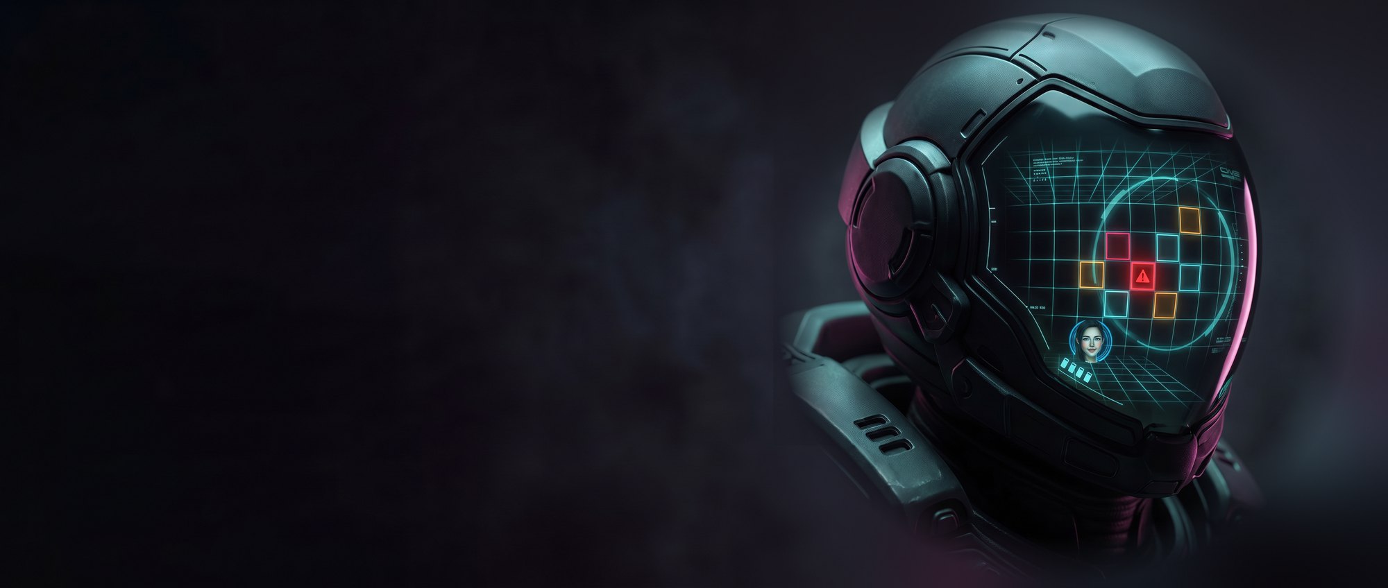 The Chimera helmet. On the inside of its visor: a holographic grid of the deck ahead, one cell marked red, and FAVE, small, in the corner.